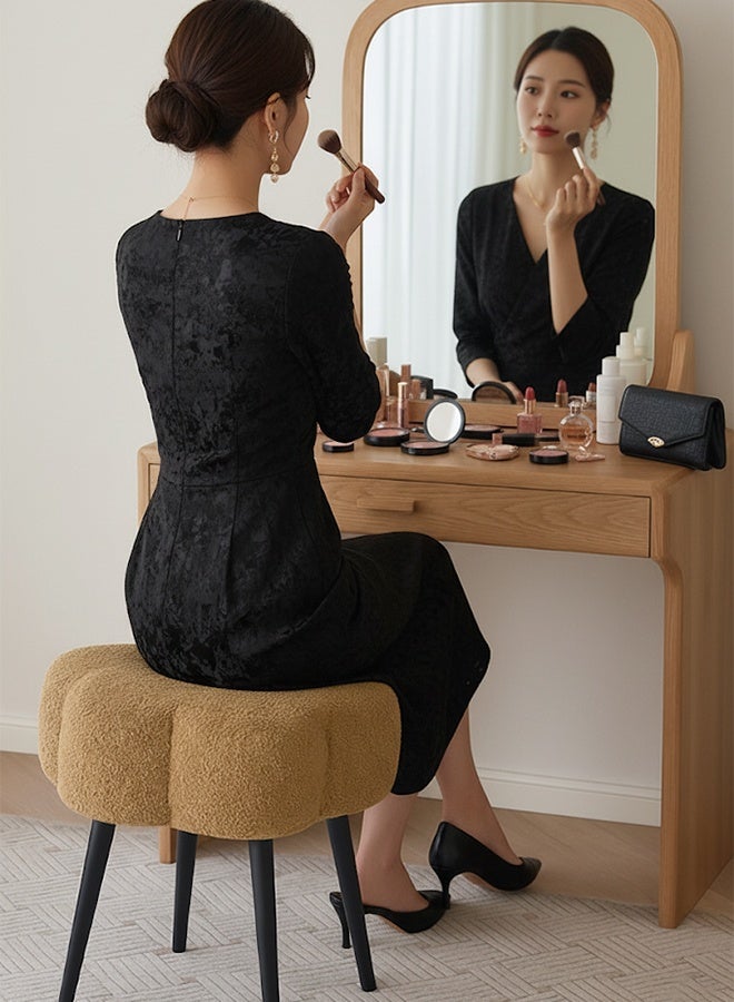 تايمي كرسي قماش بوكلية بتصميم أنيق على شكل سحابة مع ارجل معدنية، كرسي طاولة تزيين، كرسي تسريحة لغرفة النوم، كرسي تغيير الأحذية - بني - Image 2