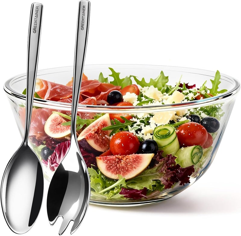 Greentainer Salad Bowl Set of 3 Salad Servers Stainless Steel with Salad Bowl, Round Bowl, Glass Salad Bowl, Dishwasher Safe - Image 1