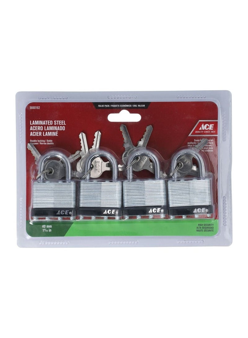 ACE Ace 4 Piece Laminated Steel Padlocks Silver 40mm