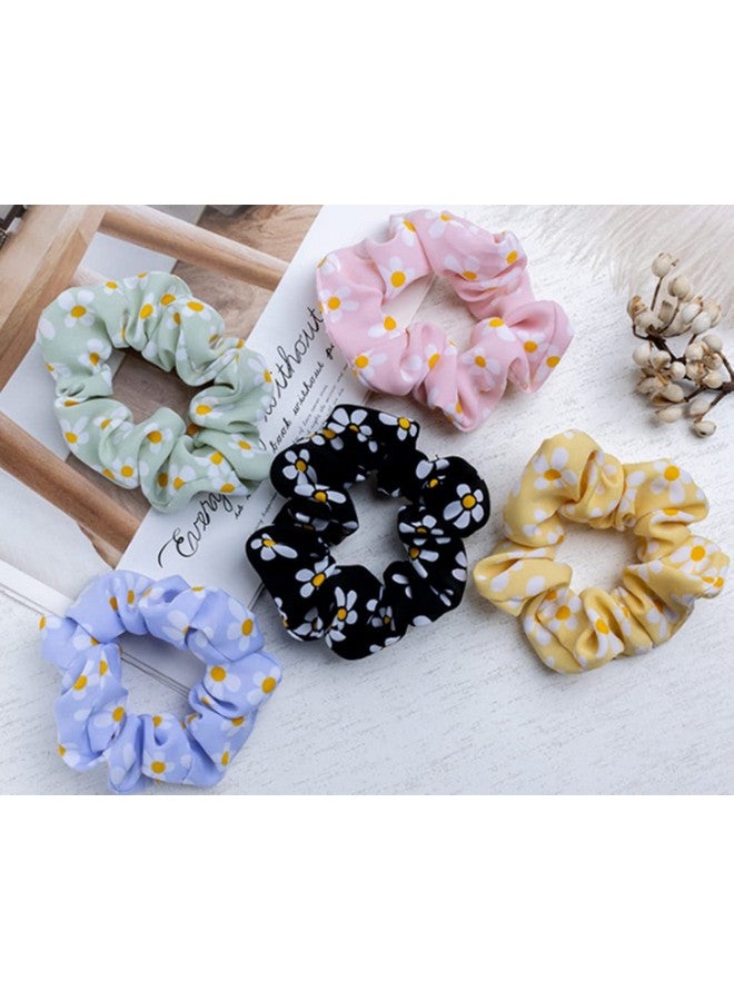 Guqqeuc Daisy Scrunchies Hair Elastics for Women Girls Satin Hair Scrunchies with Daisy Flower Hair Rubber Bands for Thick Hair Styling Accessories 5 Pcs - Image 1