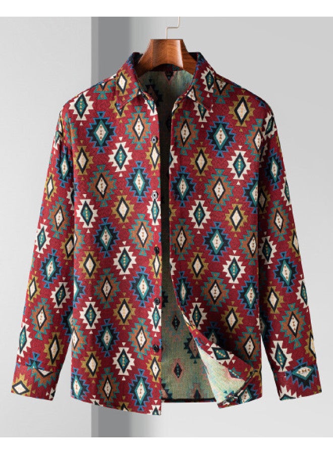 ROMON Retro Ethnic Style】men's Tweed Shirt Long Sleeve, Men's Long Sleeve Shirt, Men's Shirt Jacket - Image 1