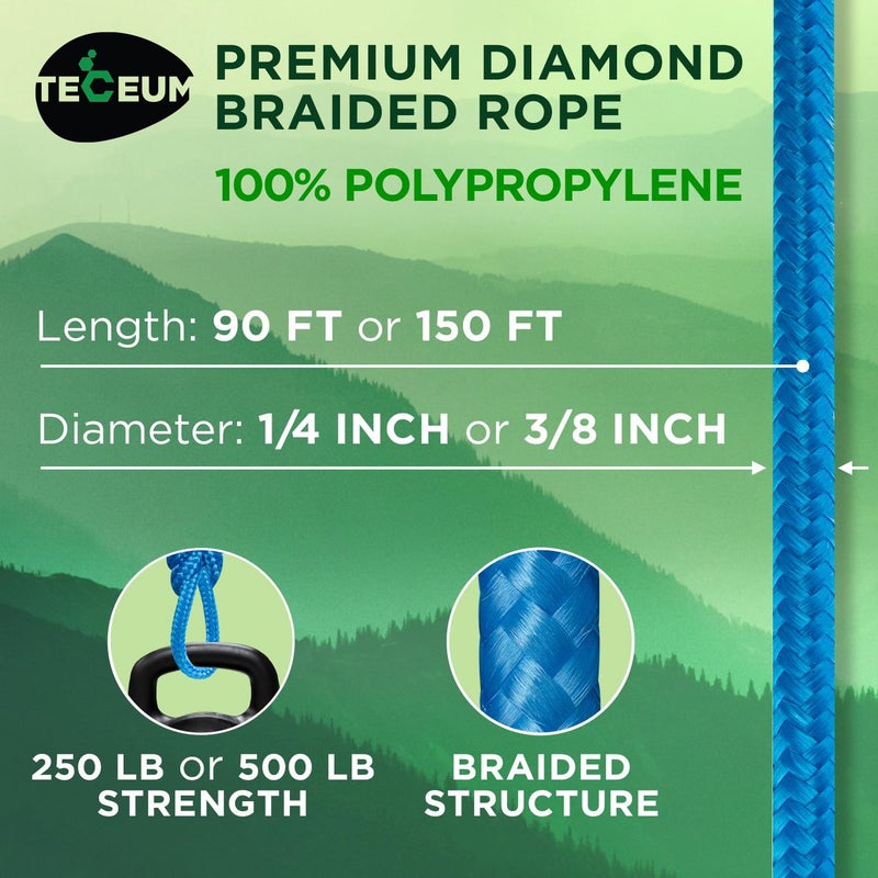 Teceum Rope - 90 Feet X 1/4 Inch (7Mm) - Sky Blue - Strong All-Purpose Utility Rope - Camping  Crafting  Flag Pole  Indoor & Outdoor - Polypropylene Nylon Poly Lightweight Diamond Braided Cord - Image 2