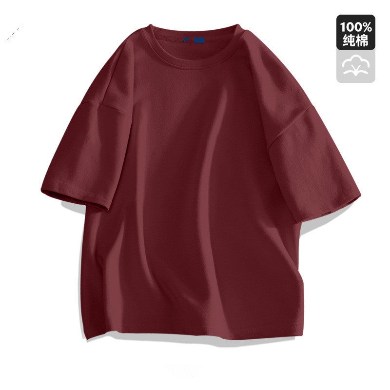Solid color short-sleeved male and female student couple summer new cotton t-shirt white base trendy loose round neck top - Image 2