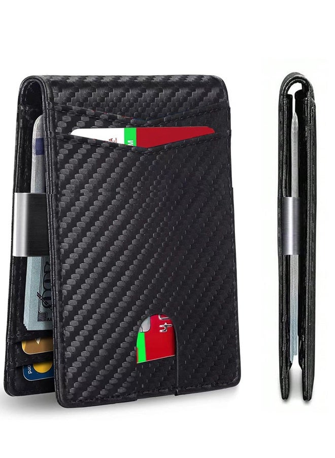 Men's Slim Carbon Fiber Black Leather Bifold Wallet Thin Minimalist Credit Card Holder Fits 12 Cards with Money Clip ID Window RFID Blocking,for Commute Business Meetings Daily Outings Great as Gifts for Men - Image 1