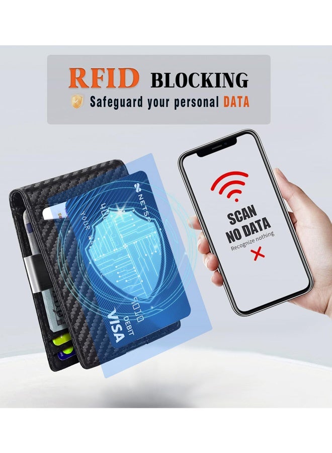 Men's Slim Carbon Fiber Black Leather Bifold Wallet Thin Minimalist Credit Card Holder Fits 12 Cards with Money Clip ID Window RFID Blocking,for Commute Business Meetings Daily Outings Great as Gifts for Men - Image 2