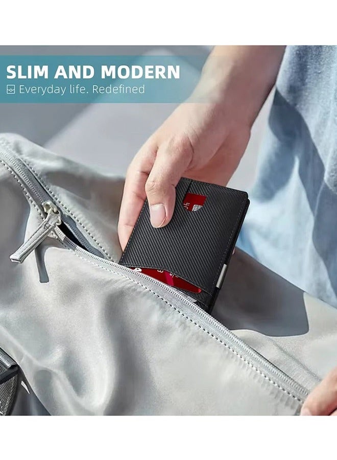 Men's Slim Carbon Fiber Black Leather Bifold Wallet Thin Minimalist Credit Card Holder Fits 12 Cards with Money Clip ID Window RFID Blocking,for Commute Business Meetings Daily Outings Great as Gifts for Men - Image 5