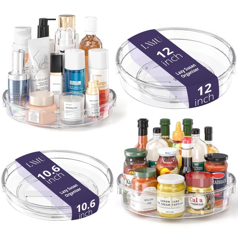 LAMU 4 Pack Lazy Susan Organizer, Clear Lazy Susan Turntable for Cabinet, Refrigerator, Table Top, Kitchen, Bathroom, Pantry Organizers and Storage, 2 Sizes Included 12in, 10.6in - Image 1