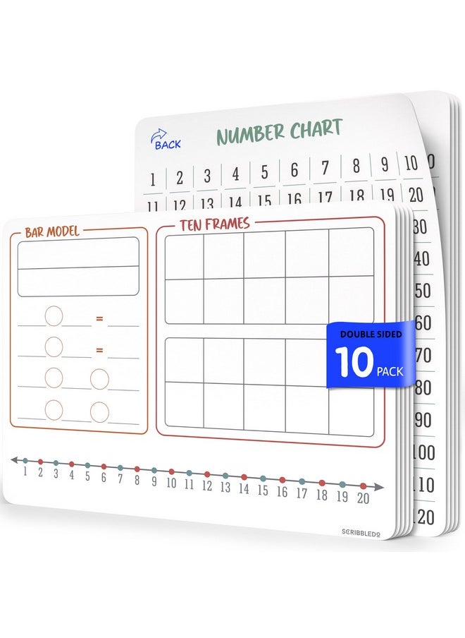 Scribbledo Bar Model 9”X12” Small White Board Dry Erase Sheets Math Manipulatives Number Chart Ten Frame Number Line Math Supplies Teacher Students Classroom Pack Of 10 Sheets  - Image 1