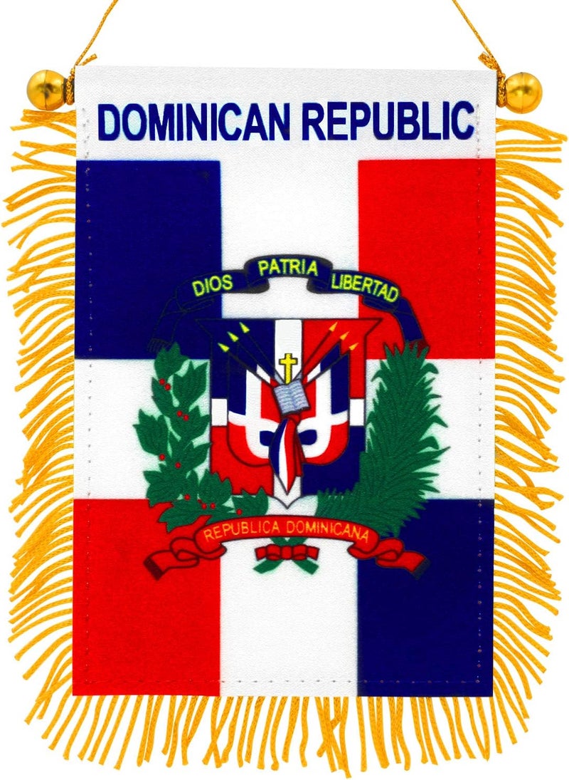 Anley 4 X 6 Inch Dominican Republic Fringy Window Hanging Flag - Mini Flag Banner & Car Rearview Mirror Décor - Fringed & Double Sided - Dominican Hanging Flag with Suction Cup - Image 1