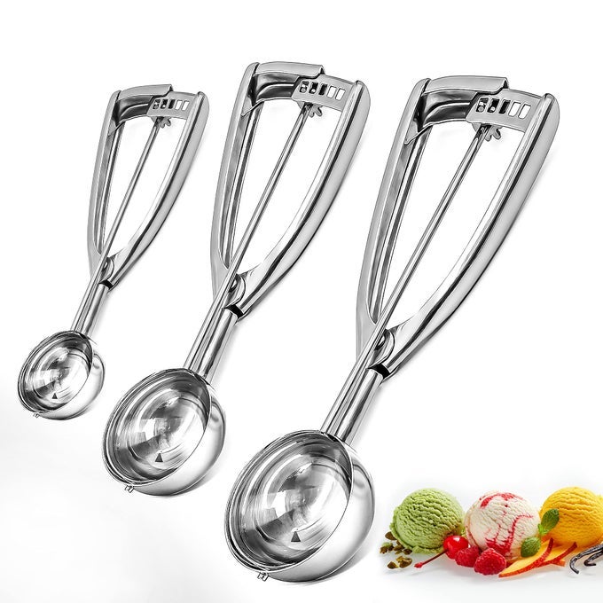 ICE CREAM SCOOPS WITH EASY TRIGGER SET OF 3 LARGE 63CM MEDIUM 5CM SMALL 4CM 304 STAINLESS STEEL ICE CREAM SCOOP FOR MELON MUFFIN SORBET CUPCAKE MEATBALL AND COOKIE DOUGH