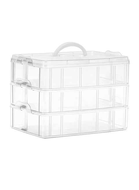 Sooyee 3-Tier Stackable Craft Organizers and Storage Box Plastic with 30 Compartments for Bead, Toys,Dolls, Arts and Craft, Washi Tape, Rock Collection, Ribbons,Clear