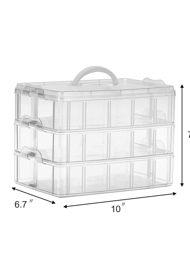 Sooyee 3-Tier Stackable Craft Organizers and Storage Box Plastic with 30 Compartments for Bead, Toys,Dolls, Arts and Craft, Washi Tape, Rock Collection, Ribbons,Clear
