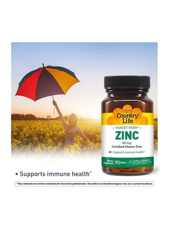 Country Life - Zinc 50mg, Target Mins, 90 Tablets, Certified Gluten Free, Certified Vegetarian - Image 1