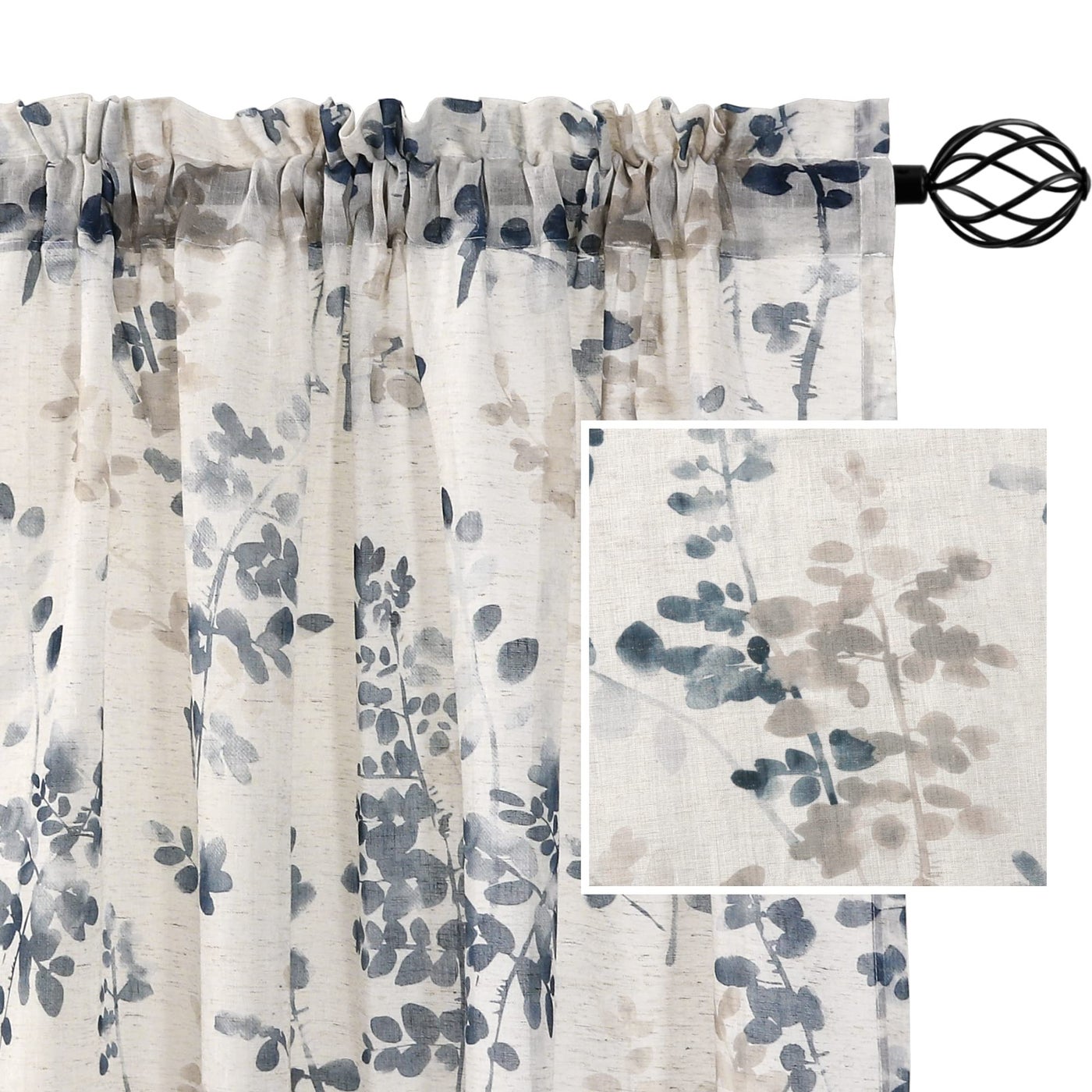 H.VERSAILTEX HVERSAILTEX Linen Sheer Curtains for Living Room Curtains 84 Inches Long Light Filtering Rod Pocket Window Sheer Linen Curtains for Bedroom 2 Panels Classical Floral Printing Bluestone an