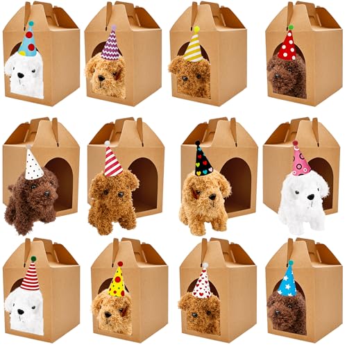 Haconba 12 Set Adopt A Teddy Puppy Party Favors with 12 Mini Plush Teddy Dog Stuffed Animals 12 Pcs Birthday Hats and 12 Pcs Kraft Paper Boxes for Adopt Pet Theme Birthday Party Supplies - Image 1