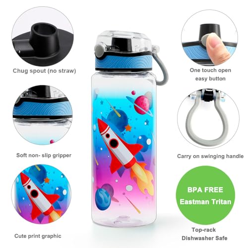 Home Tune 23oz Kids Water Bottle for School Boys, BPA FREE Tritan, Leak Proof Flip Top Lid, Easy Clean, Carry Handle - Rocket - Image 2