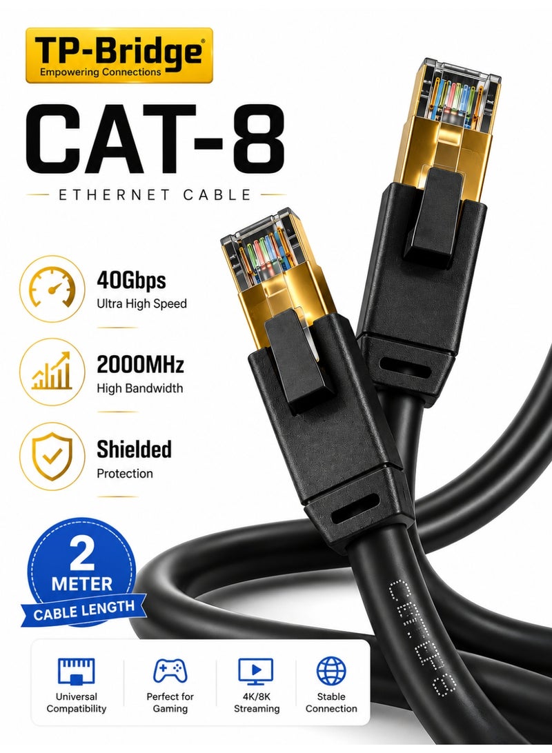 تي بي بردج كابل إيثرنت CAT-8 بطول مترين - كابل شبكة LAN فائق السرعة 40 جيجابت في الثانية | كابل إنترنت RJ45 محمي بتردد 2000 ميجاهرتز لأجهزة الألعاب، وأجهزة الكمبيوتر، وأجهزة الكمبيوتر المحمولة، وPS5 - Image 1