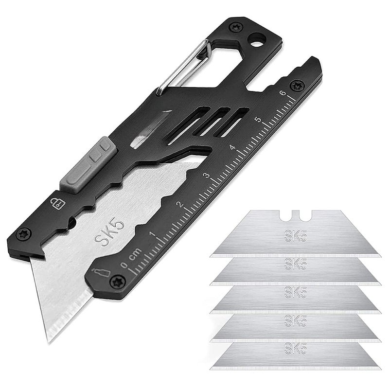 EDC Utility Knife, 7-in-1 Multitool Carabiner Clip Keychain, Box Cutter Pocket Knives with Bottle Opener, Adjustable Wrench and 5 Replacement Razor Blades,Ruler for Office, Camping by SkyFox - Image 1