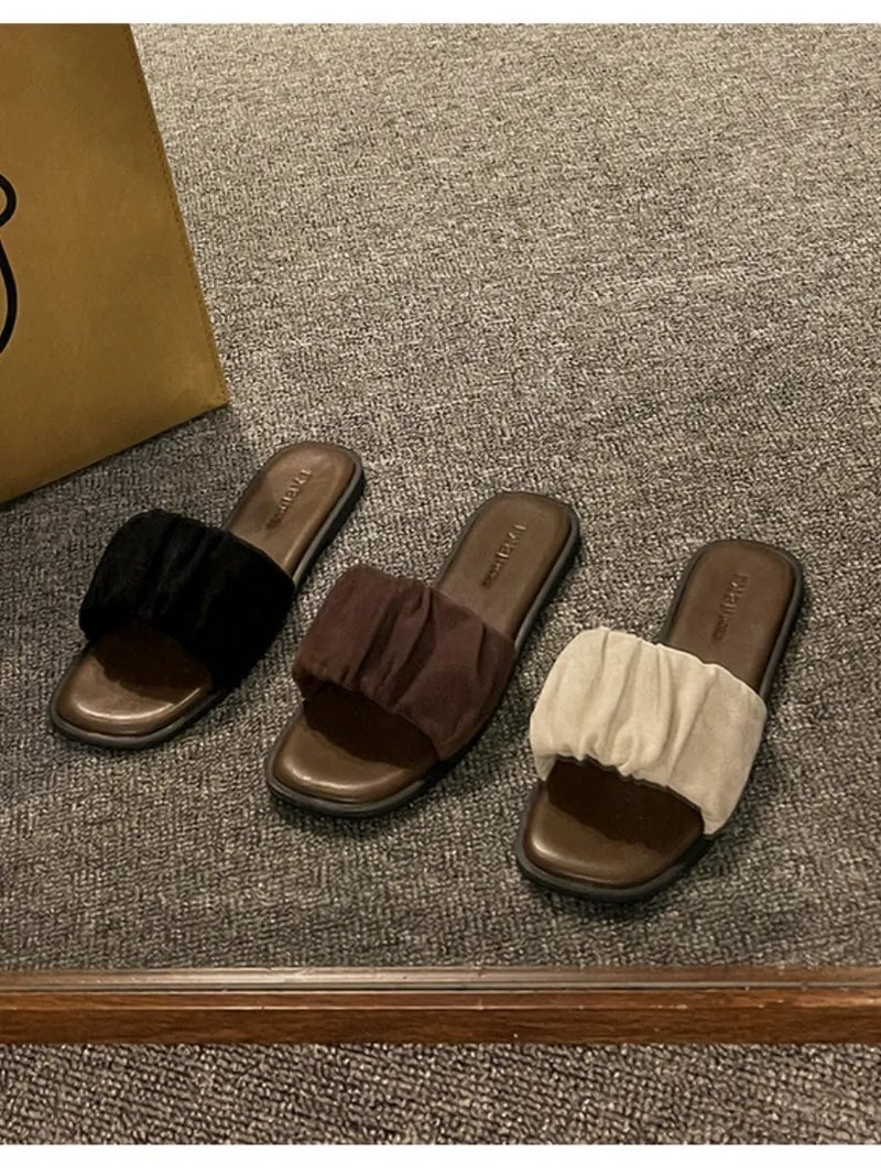 Women's Brown Pleated Fabric Slide Sandals, Casual Open-Toe Flat Slippers, Multi-Use Indoor & Outdoor Footwear for Home, Beach & Daily Summer Wear - Image 3