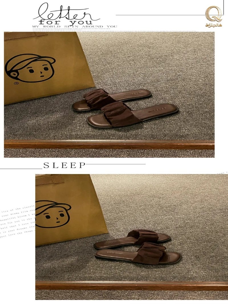 Women's Brown Pleated Fabric Slide Sandals, Casual Open-Toe Flat Slippers, Multi-Use Indoor & Outdoor Footwear for Home, Beach & Daily Summer Wear - Image 1