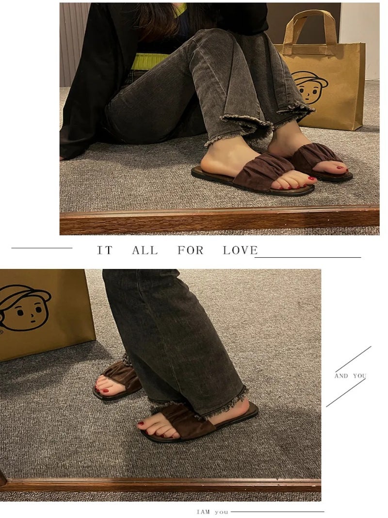 Women's Brown Pleated Fabric Slide Sandals, Casual Open-Toe Flat Slippers, Multi-Use Indoor & Outdoor Footwear for Home, Beach & Daily Summer Wear - Image 2