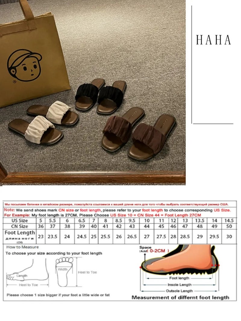 Women's Brown Pleated Fabric Slide Sandals, Casual Open-Toe Flat Slippers, Multi-Use Indoor & Outdoor Footwear for Home, Beach & Daily Summer Wear - Image 4