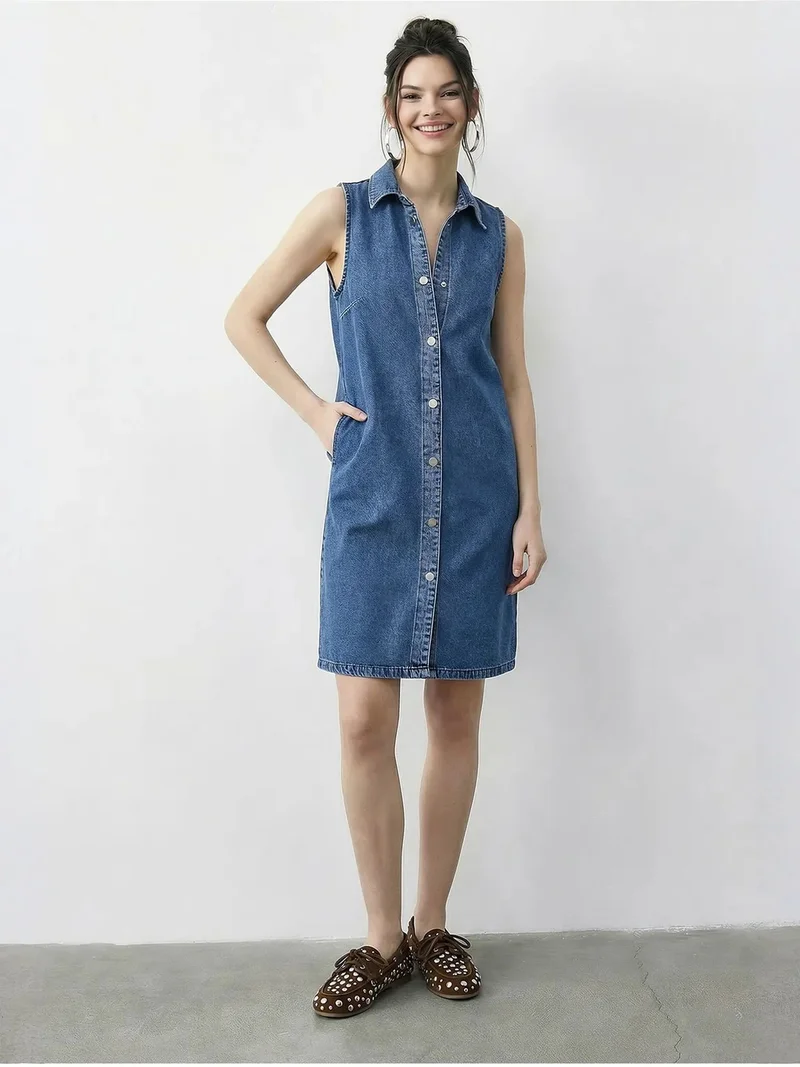 بيانكو لوتشي LUCCI Mini Denim Dress with Shirt Collar and Pocket