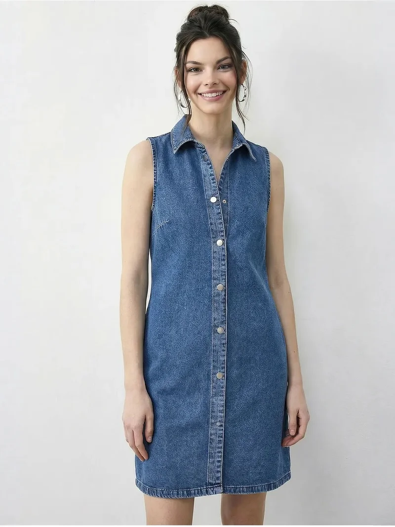 بيانكو لوتشي LUCCI Mini Denim Dress with Shirt Collar and Pocket