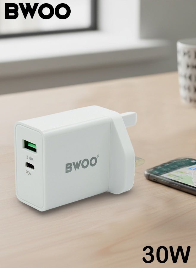 بوو شاحن حائطي مزدوج المنفذ بقوة 30 وات مع مخرج USB-C PD+ وUSB 2.4A، محول شحن سريع للهواتف الذكية والأجهزة اللوحية وأجهزة الكمبيوتر المحمولة، شحن آمن مع حماية الشريحة الذكية - Image 1
