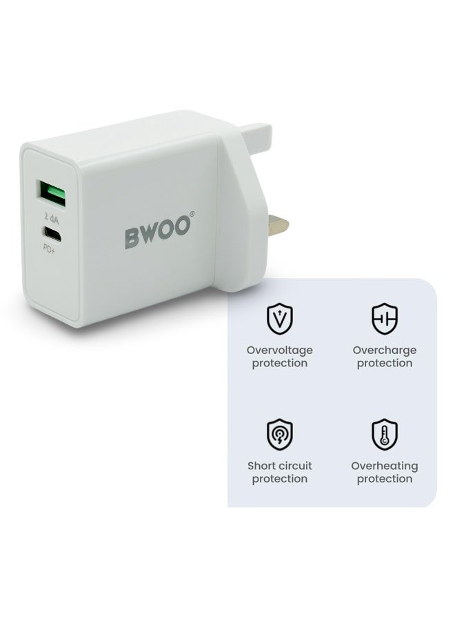 بوو شاحن حائطي مزدوج المنفذ بقوة 30 وات مع مخرج USB-C PD+ وUSB 2.4A، محول شحن سريع للهواتف الذكية والأجهزة اللوحية وأجهزة الكمبيوتر المحمولة، شحن آمن مع حماية الشريحة الذكية - Image 2