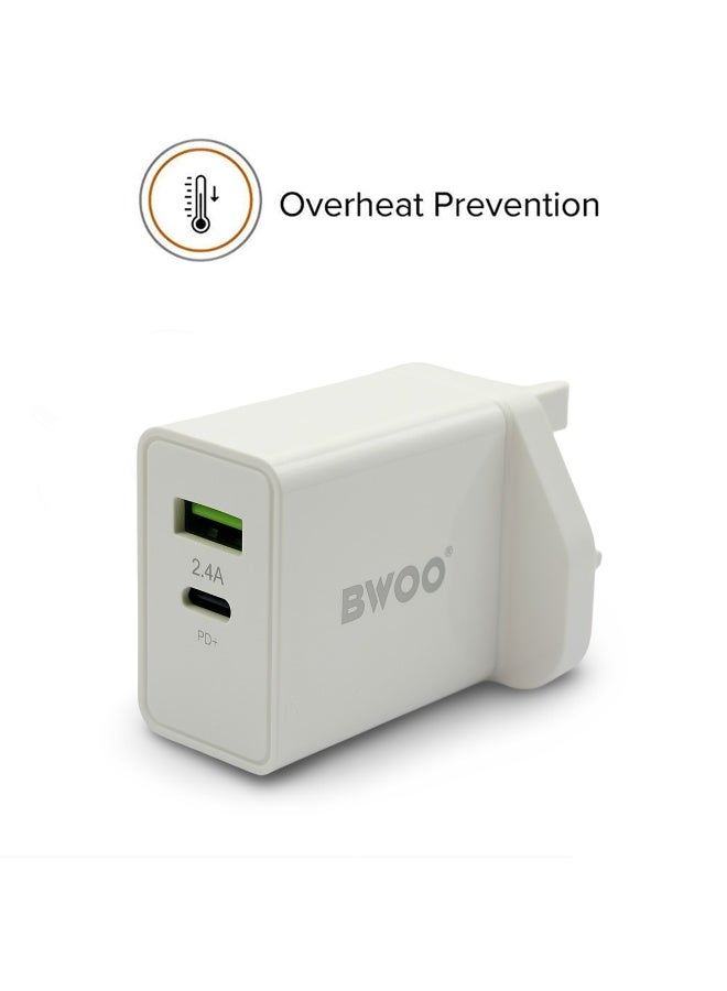 بوو شاحن حائطي مزدوج المنفذ بقوة 30 وات مع مخرج USB-C PD+ وUSB 2.4A، محول شحن سريع للهواتف الذكية والأجهزة اللوحية وأجهزة الكمبيوتر المحمولة، شحن آمن مع حماية الشريحة الذكية - Image 3