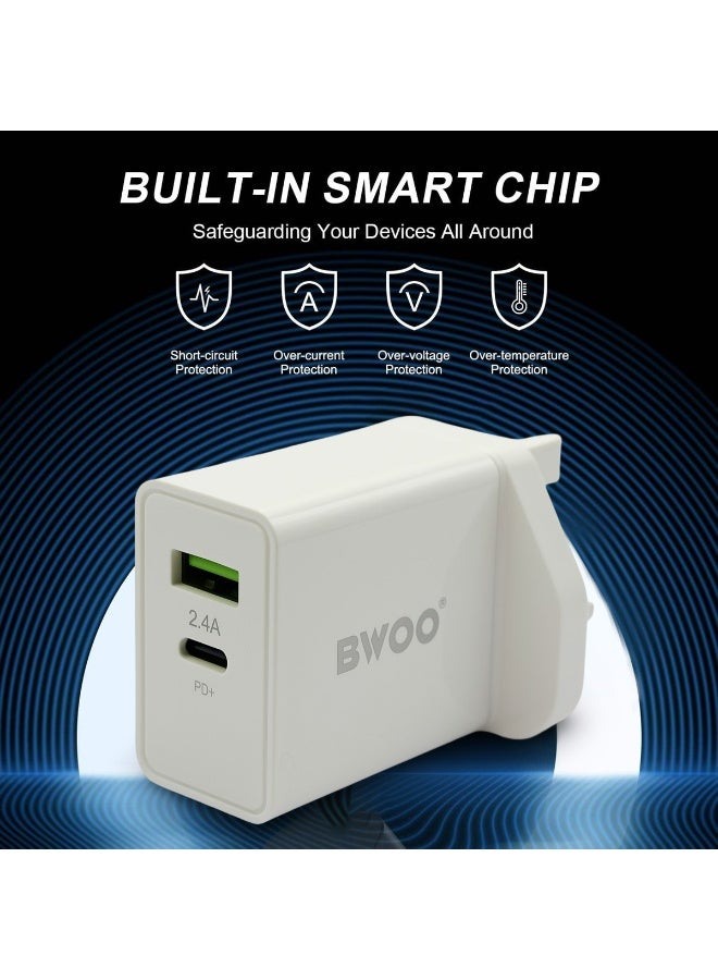 بوو شاحن حائطي مزدوج المنفذ بقوة 30 وات مع مخرج USB-C PD+ وUSB 2.4A، محول شحن سريع للهواتف الذكية والأجهزة اللوحية وأجهزة الكمبيوتر المحمولة، شحن آمن مع حماية الشريحة الذكية - Image 5