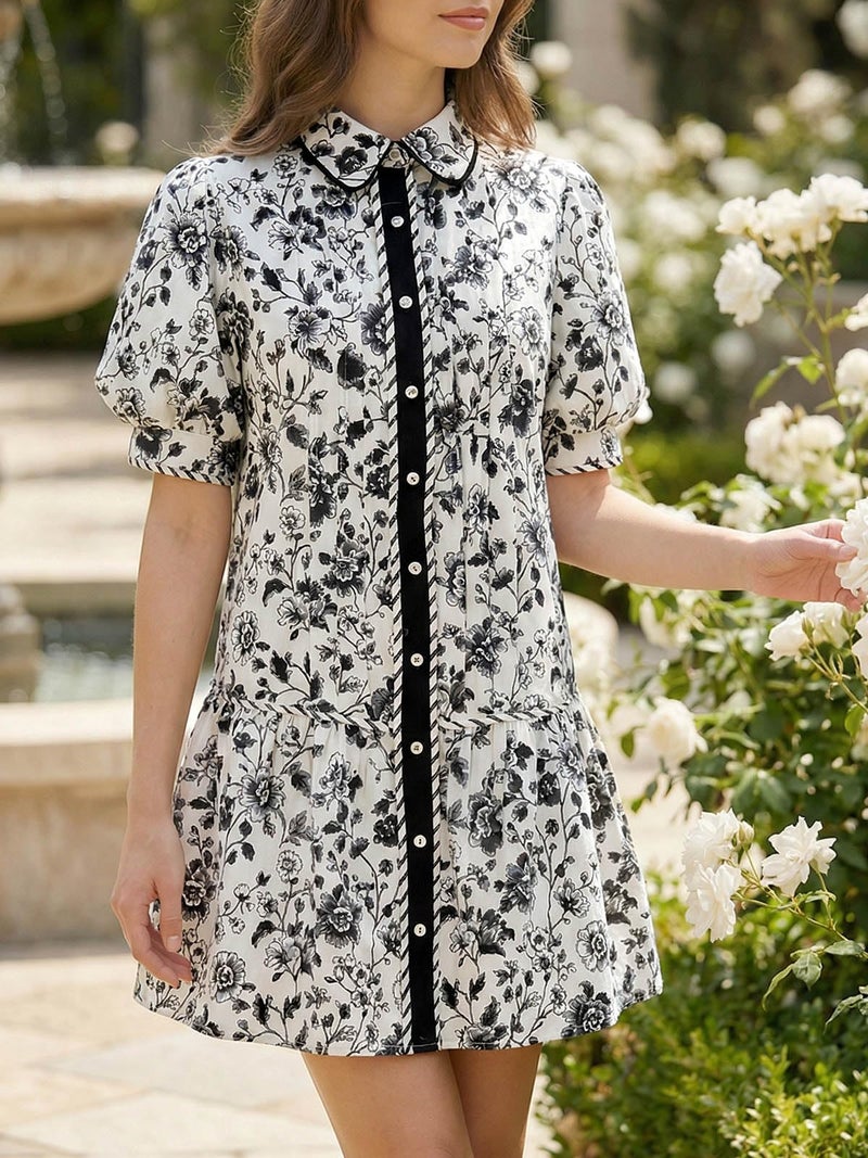 Wenrine Womens Mini Dress Summer Casual Short Puff Sleeve Floral Collared V Neck Loose Button Down Shirt Dress with Pockets Black - Image 4
