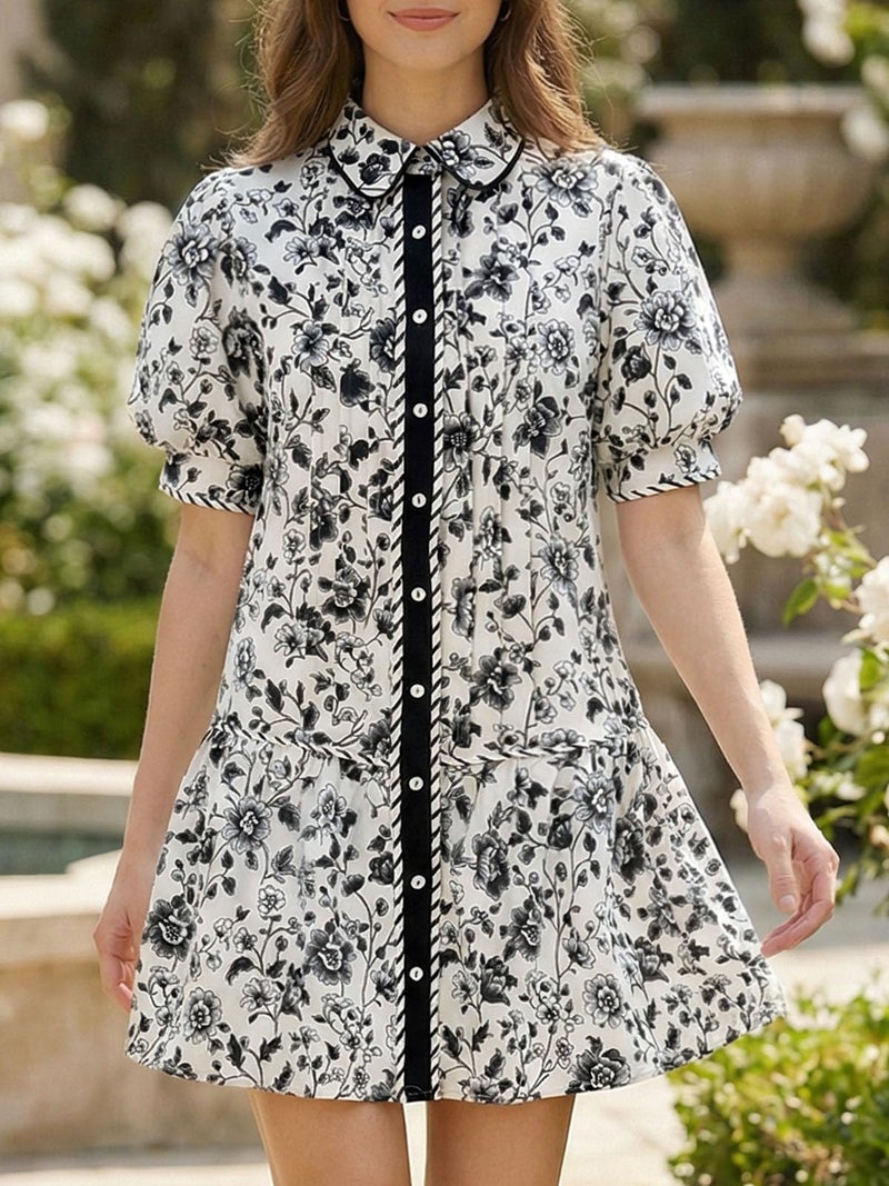 Wenrine Womens Mini Dress Summer Casual Short Puff Sleeve Floral Collared V Neck Loose Button Down Shirt Dress with Pockets Black - Image 2