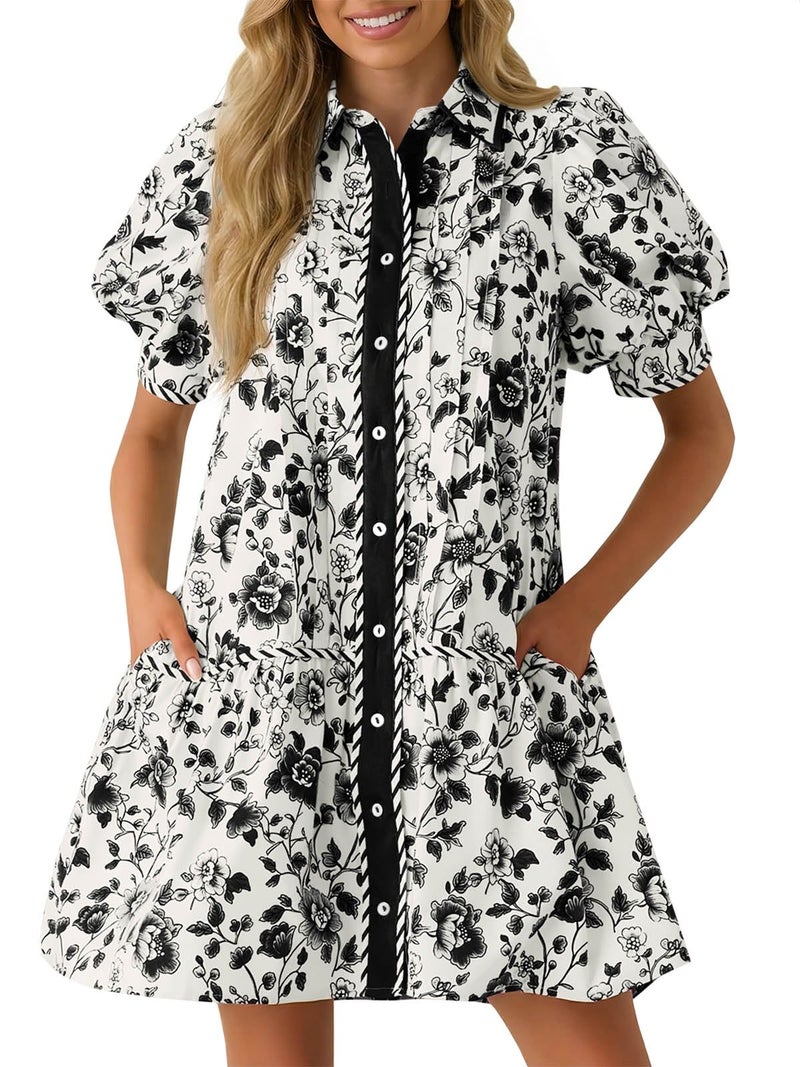 Wenrine Womens Mini Dress Summer Casual Short Puff Sleeve Floral Collared V Neck Loose Button Down Shirt Dress with Pockets Black - Image 1