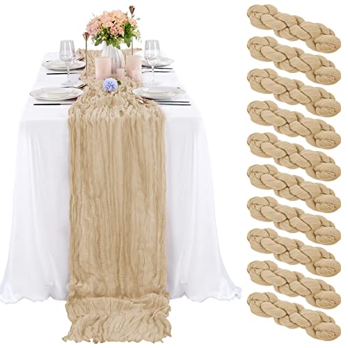 10 Pcs Beige Cheesecloth Table Runner 10FT Gauze Table Runner for Wedding Reception Sheer Bridal Shower Birthday Party Boho Table Decoration Rustic Romantic Wedding Runner