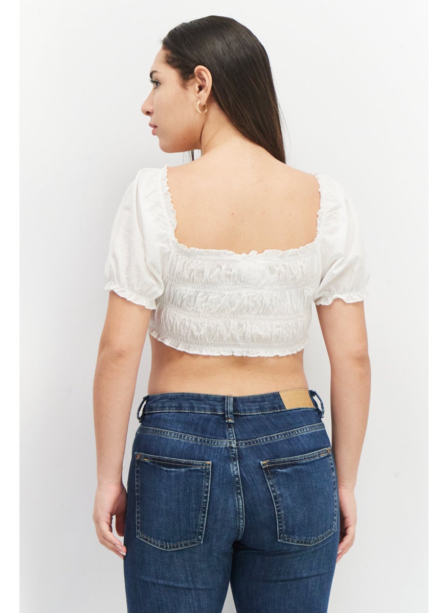 Don't Call Me Jennyfer - Women Queen Anne Neck Puffed Sleeve Smocked Crop Top, White - Image 1