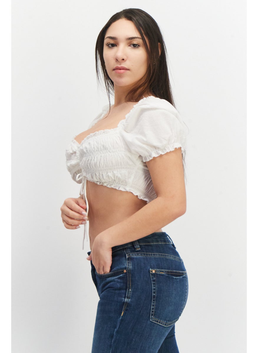 Don't Call Me Jennyfer - Women Queen Anne Neck Puffed Sleeve Smocked Crop Top, White - Image 1