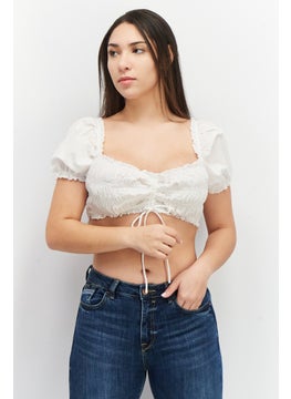 Women Queen Anne Neck Puffed Sleeve Smocked Crop Top, White