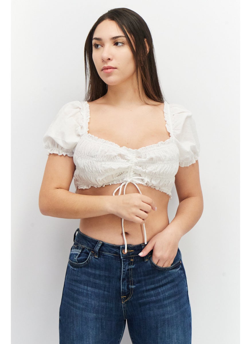 Don't Call Me Jennyfer - Women Queen Anne Neck Puffed Sleeve Smocked Crop Top, White - Image 1