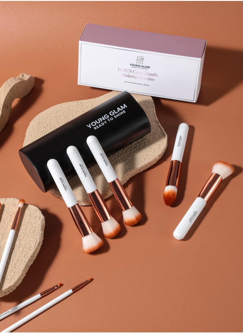 Young Glam Young Glam Daily Essential Makeup Brushes 14 Pcs Brush Set, Premium Synthetic Foundation Powder Concealers Eye Shadows Makeup Brushes White Golden with Black Travel Case  - Image 2