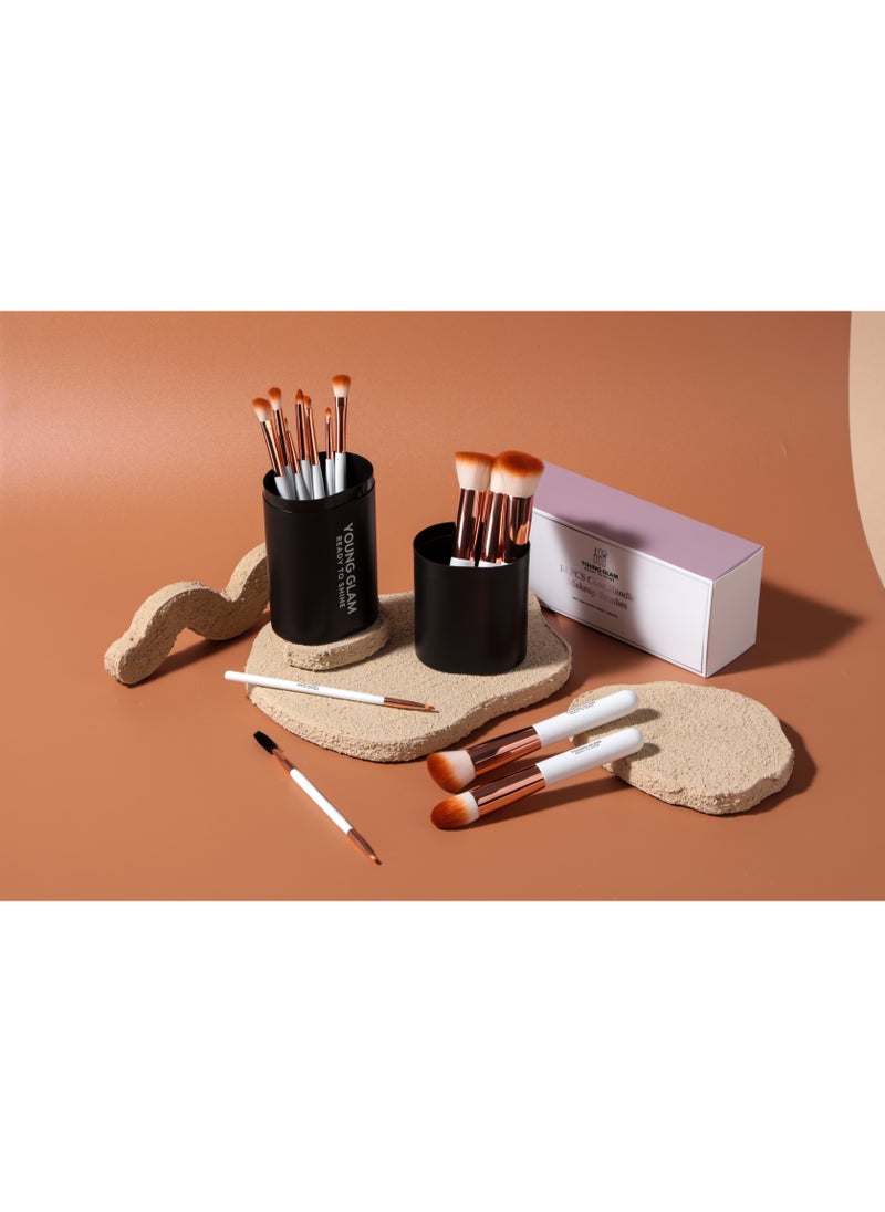 Young Glam Young Glam Daily Essential Makeup Brushes 14 Pcs Brush Set, Premium Synthetic Foundation Powder Concealers Eye Shadows Makeup Brushes White Golden with Black Travel Case  - Image 3