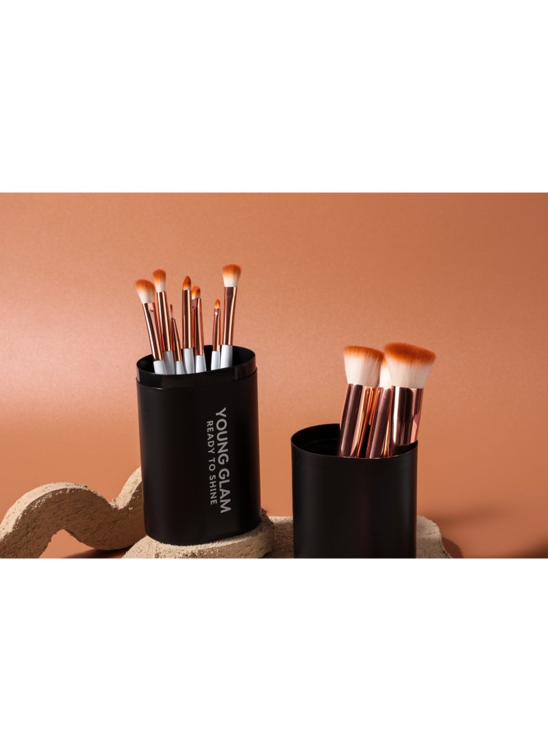 Young Glam Young Glam Daily Essential Makeup Brushes 14 Pcs Brush Set, Premium Synthetic Foundation Powder Concealers Eye Shadows Makeup Brushes White Golden with Black Travel Case  - Image 5