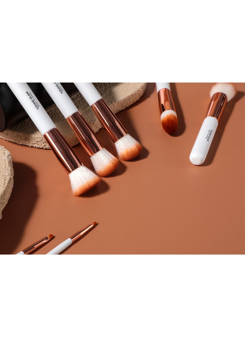 Young Glam - Young Glam Daily Essential Makeup Brushes 14 Pcs Brush Set, Premium Synthetic Foundation Powder Concealers Eye Shadows Makeup Brushes White Golden with Black Travel Case - Image 1
