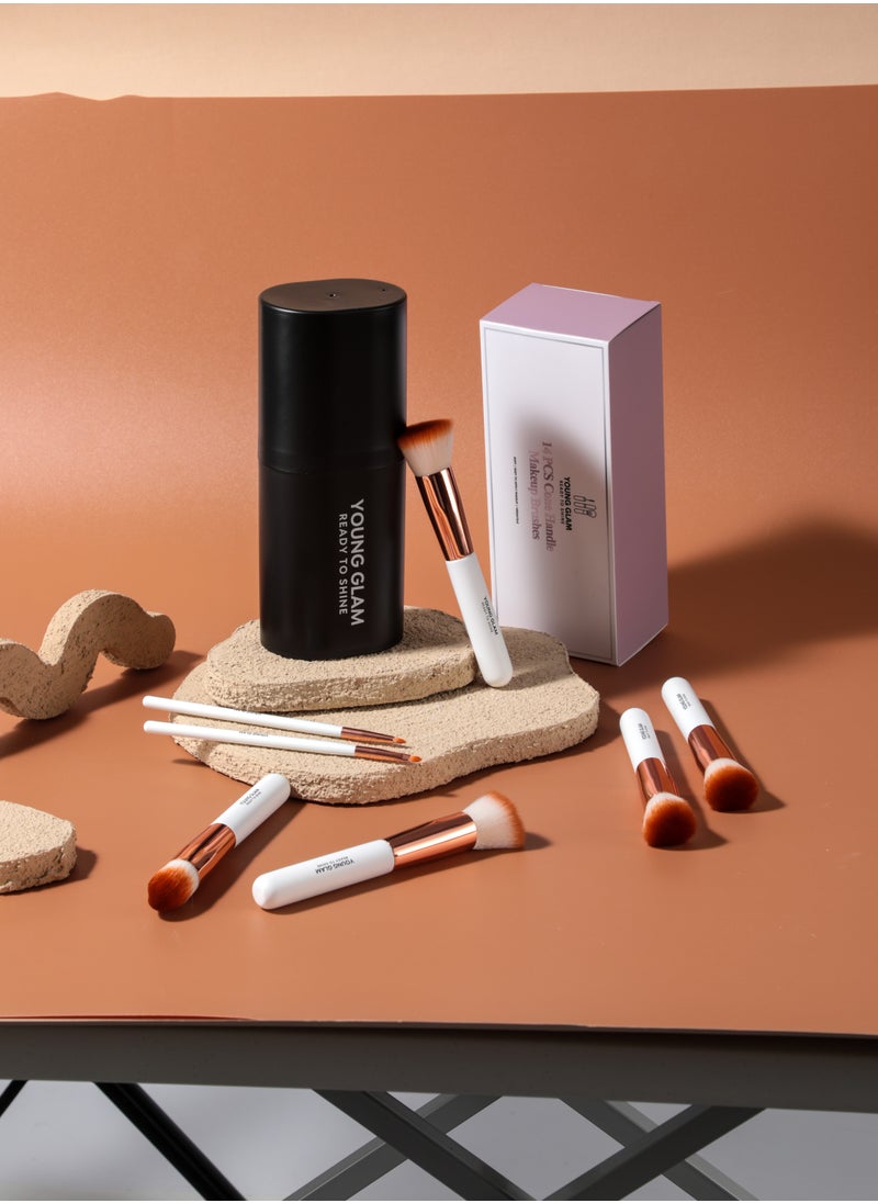 Young Glam - Young Glam Daily Essential Makeup Brushes 14 Pcs Brush Set, Premium Synthetic Foundation Powder Concealers Eye Shadows Makeup Brushes White Golden with Black Travel Case - Image 1