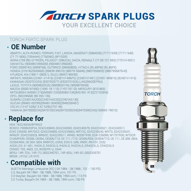 TORCH F6RTC 131-039 Spark Plug Replace for NGK BPR6ES Spark Plug,for Bosch WR6DC WR7DC Spark Plug,for Champion RN9YC RN10YC Spark Plug,for Denso W20EPR-U Spark Plug,for MTD 951-10292/751-10292, OEM,ea - Image 3