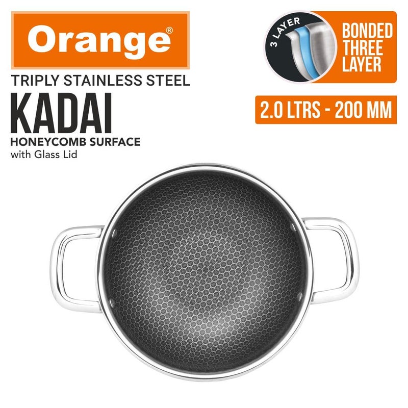 Orange Triply Stainless Steel Honeycomb Deep Kadai with Glass Lid 20L 20cm Diameter 5 Year Warranty Honeycomb Finish Induction Friendly Easy Clean Stylish Silicon Handles Silver - Image 5