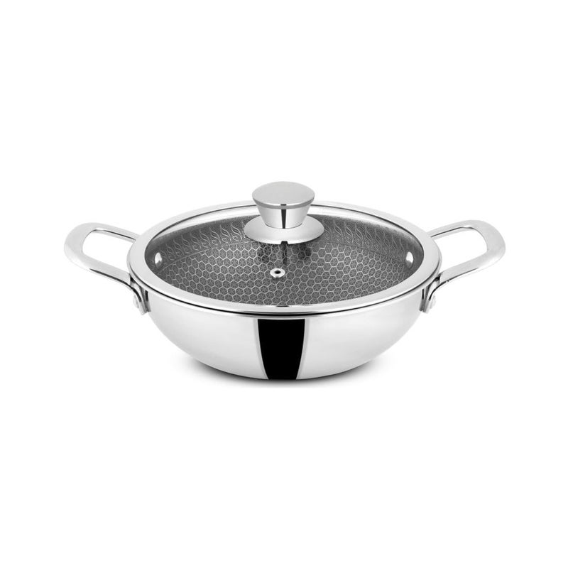 Orange Triply Stainless Steel Honeycomb Deep Kadai with Glass Lid 20L 20cm Diameter 5 Year Warranty Honeycomb Finish Induction Friendly Easy Clean Stylish Silicon Handles Silver - Image 1