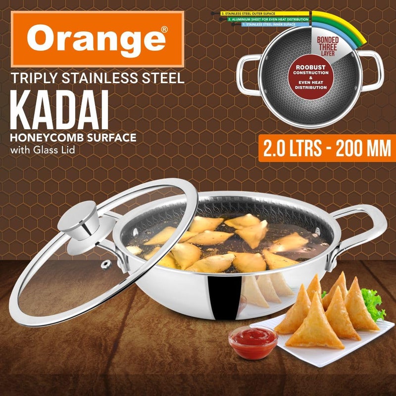 Orange Triply Stainless Steel Honeycomb Deep Kadai with Glass Lid 20L 20cm Diameter 5 Year Warranty Honeycomb Finish Induction Friendly Easy Clean Stylish Silicon Handles Silver - Image 2