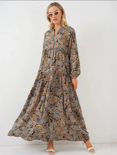 BIG DART BDART Patterned V-Neck Maxi Dress with Button Closure